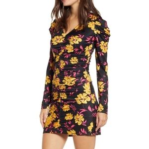 Wayf Fidella Purple and Yellow Bodycon Dress Long Puff Sleeves V-Neck Mini Dress